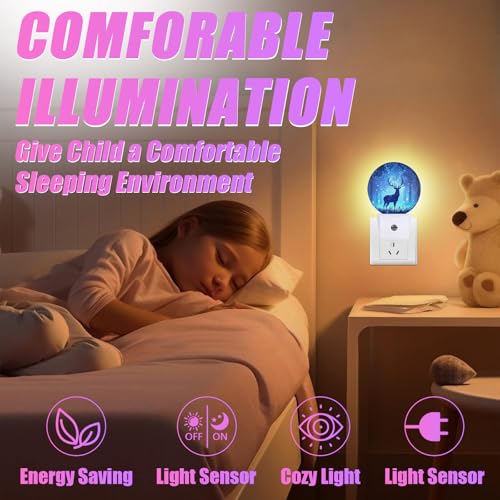 Image of Deer Pine Tree Night Light Foggy Forest Night Lights LED Lamp Round Plug into Wall Nightlight with Dusk to Dawn Sensor Home Hallway Stairway Kitchen Decor