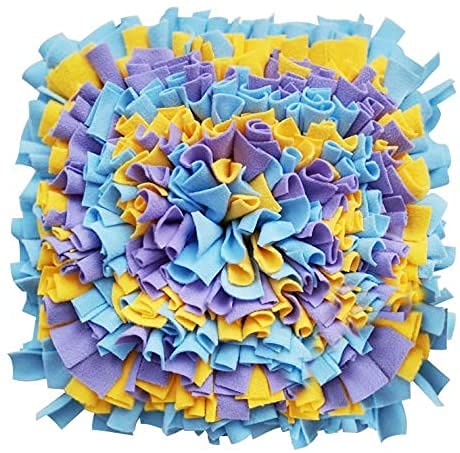 YEAKOO Dog Snuffle Mat, Hand Woven Dog Sniffing Pad Soft Pet Nose Work Smell Snuffle Mat Training Feeding Foraging Skill Blanket Dog Play Mats Puzzle Toys 45cmx45cm (Yellow/Purple/Blue) - Yellow / Purple / Blue