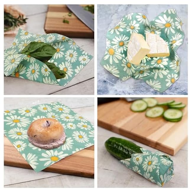 Beeswax Wraps for food 3-Pack, bee wraps reusable with Multi-function brush, Eco-Friendly to Wrap Fruits & Bread,sandwich Wraps (S,M,L) with Daisy Design