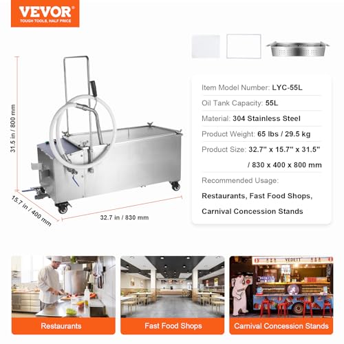 Image of VEVOR Mobile Fryer Filter, 300W Oil Filtration System with 5 L /min Flow Rate, Frying Oil Filtering System with 10 L /min Pump Wheels Oil Hose, 110V /60Hz (58L)