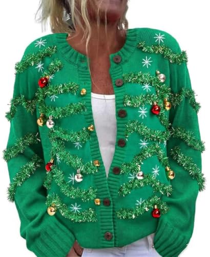 Image of Women's Funny Fall Winter Animal Floral Christmas Tree Long Sleeve Button Knit Cardigan Sweater