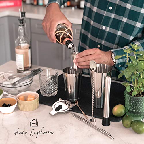 Stainless Steel Boston Cocktail Shaker and Bar Tool Set. Bartender Kit with all Bar Accessories: Cocktail Strainer, Double-Sided Jigger, Muddler, Bar Spoon, Pour Spouts, Metal Straws, and Ice Tongs.