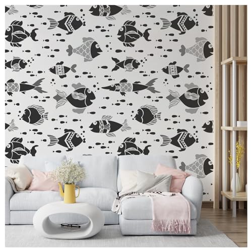Image of Kayra Decor Fish Tale Kids Room Wall Stencil -Pack of 1, Sheet Size 24 x 24 inch /Design Size 20 x 22 inch.