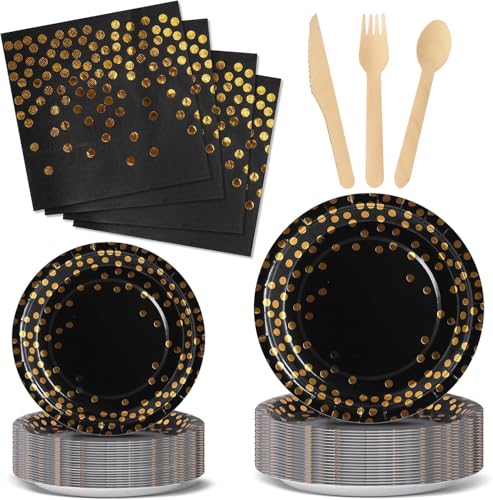Nkaiso Anniversaire Vaisselle de Fete 144 Pièces Noir Or Party Assiette Anniversaire Set Comprendre Papier Assiette Couverts Serviettesr pour Party Decoration...