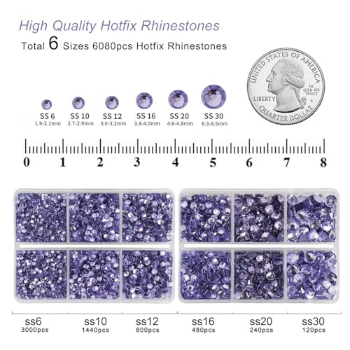 Image of BEADSLAND Hotfix Rhinestones, 6080PCS Violet Rhinestones for Clothes Crafts Mixed 6 Sizes with Wax Pencil and Tweezers Kit, SS6-SS30, Violet