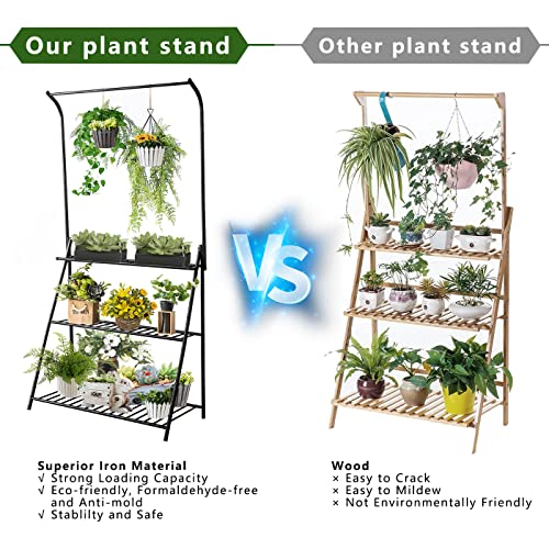 Yuanwe Plant Stand Indoor, 3-Tier Tall Metal Plant Stand With Hanging Top Bar, Hanging Plant Stand For Indoor Plants Multiple, Plant Shelf For Outdoor Flower Pot Display Home Garden Balcony Patio Office #TOP4