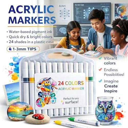Image of Professional Acrylic Paint Markers Set, 24 Vibrant Colours, Brush Tip, Water-Based, Non-Toxic, for Rock Painting, Canvas, Glass, Wood, School Projects, with Portable Storage Case
