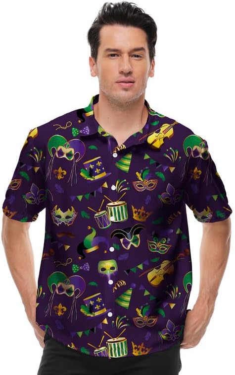 Camisa de Mardi Gras para hombre, día de San Patricio, día de San Valentín, manga corta, con botones, hawaiana