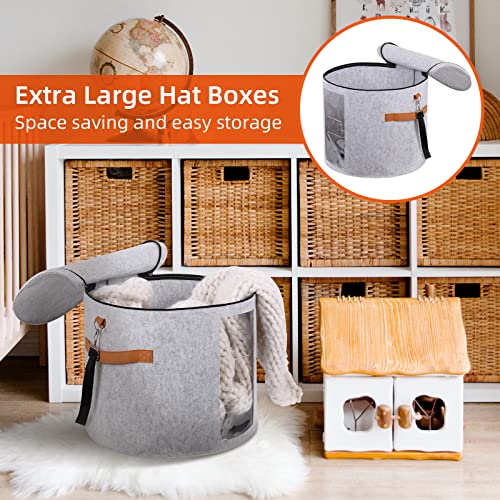 Ohiyoo Large Hat Boxes For Wide Brim, Large Hat Storage Box 19" D X 17" H, Hat Boxes For Women Storage Large Round Men Hat Box, Foldable Felt Stuffed Animal Toy Storage Bin With Lid (Light Gray) #TOP1