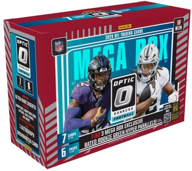 NEW 2025 Donruss OPTIC Sealed Football Card MEGA Box - 8 Green Hyper Prizms and 1 Autograph or Memorabilia Card Per Box!