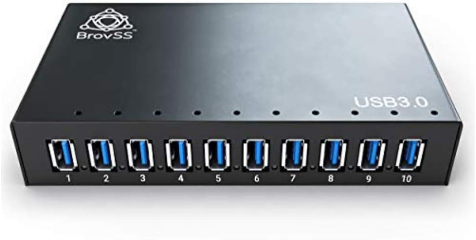 10 Port Powered USB 3.0 Hub Aluminum - USB Hub Charger - Multiple Port Splitter Hub with 12V 5A 60W Power Adapter with USB Cable for Apple, Laptop, PC, USB Flash Drives, HDD Hard Drive (Black)