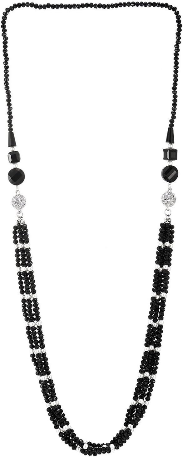 Necklace Multi-Strand Black Crystal Pearl Bead Chain Magnetic Clasp Detachable Two Collar Necklace