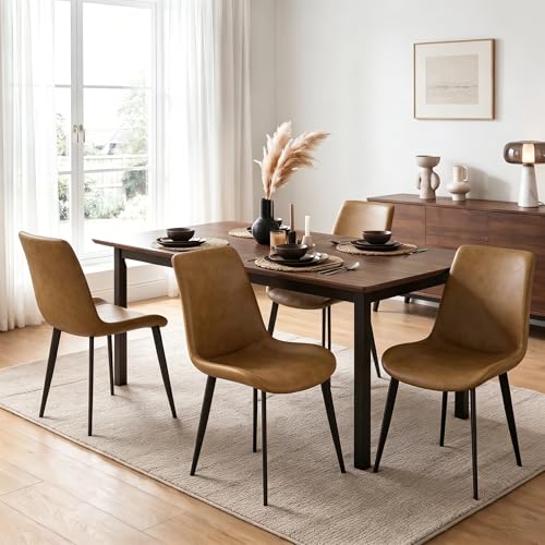 Image of Modern Dining Chairs Set of 4, PU Leather Dining Room Chairs, Upholstered Kitchen Chairs with Ergonomic Backrest & Sturdy Metal Legs, Perfect for Dining Room, Living Room, Brown