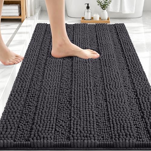 Image of OLANLY Thick Bathroom Rugs 30x20, Extra Soft Absorbent Chenille Striped Bath Rugs, Rubber Backing, Machine Wash Dry, Bath Mats for Bathroom Floor, Tub and Shower, Home Decor Accessories, Dark Grey