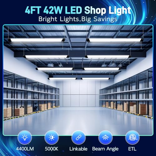 Image of hykolity 4 Pack 4FT LED Shop Light,4400LM,5000K Daylight | Linkable Utility Shop Lights for Garages,Workshops,Hanging or FlushMount, Power Cord with Pull Chain Switch,Balck,ETL
