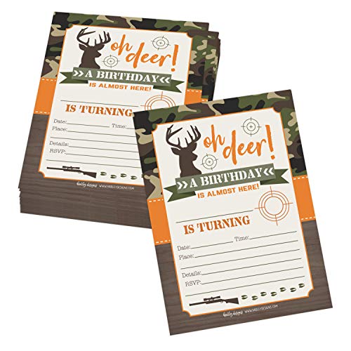 Image of Hadley Designs Kids Birthday Invitations For Boys Camo Theme - 25 Deer Hunting Birthday Party Invitations For Boys, Camouflage Oh Deer Invites For Boy, Cute Hunting Party Supplies, Made In USA