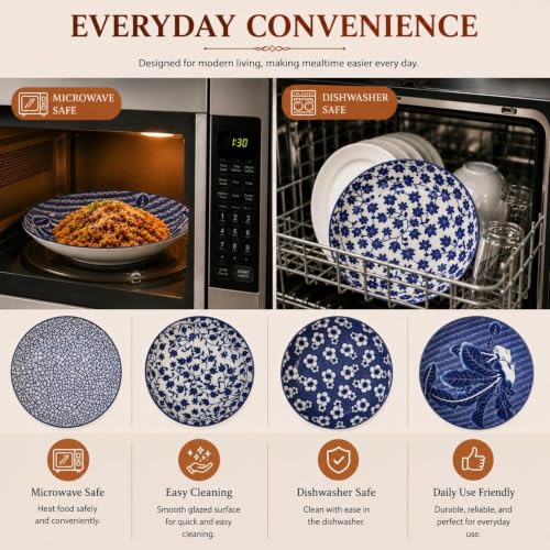 Image of Ceramic Pasta Plate, 20.4 cm Porcelain Dinner Plates, Microwave & Dishwasher Safe, Food Grade Ceramic, Deep Serving Plate for Pasta, Salad, Soup, Curry & Noodles (Blue Floral Vine Pattern, PACK OF 4)