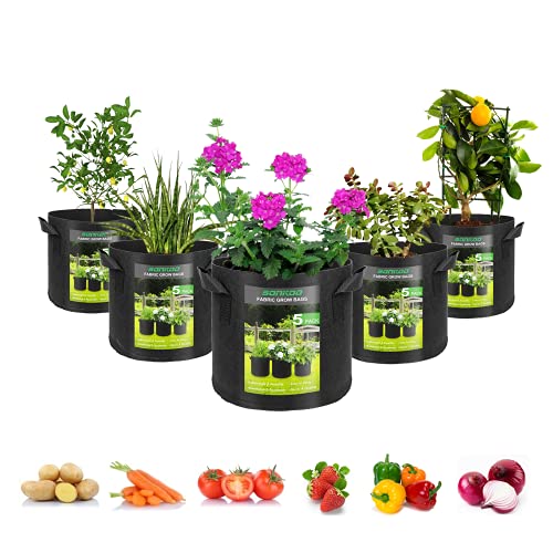 5-Pack 7 Gallon Grow Bags, Potato Smart Fabric Pots,Garden Planting Pots with Handles,Heavy Duty Plant Grow Bags for Vegetables,Fruits and Flowers