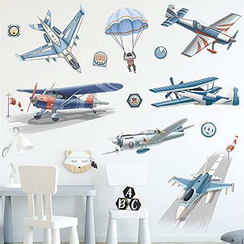 Wajade Airplane Wall Stickers For Boys,Watercolor Airplanes Parachute Astronaut Wall Art Decals Peel And Stick Wall Stickers For Kids Bedroom Nursery Playroom Decor #TOP1