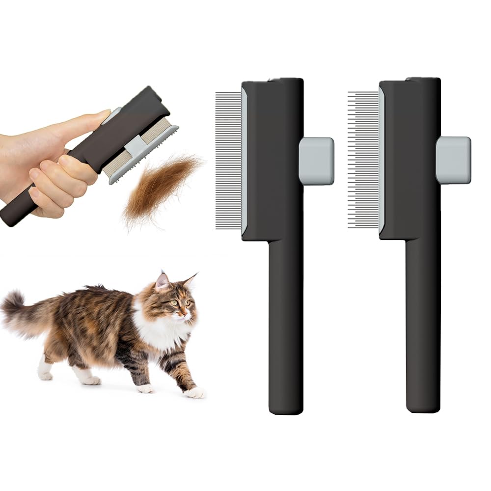Marchul 2Pcs Cat Comb Dog Combs Set, Self-Cleaning Flea Comb for Cats and Dogs, Cat Grooming Brush with Release Button and Stainless Steel Metal Round Teeth for Removing Matted & Loose Fur, Black — image 1
