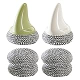2 Stück Stahlschwamm Scheuerschwamm mit Griff, 4 Ersatzkugeln, Stahlwolle Schwamm Topfreiniger Edelstahl, Topfkratzer Edelstahl, Grillschwamm Edelstahlschwamm, Metallschwamm für Töpfen Pfannen