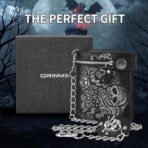 Skull Gothic Chain Wallet - Leather Punk Bifold | Unisex Halloween Goth Accessory - Black2