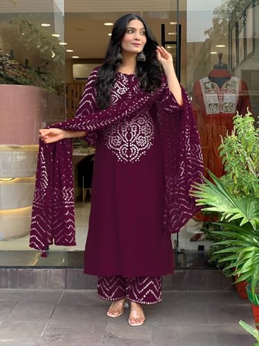 Image of GoSriKi Kurta Sets for Women Rayon Viscose Bandhani Printed | Kurti Set for Woman | Kurta Pant Dupatta Set | Straight Kurti | Round Neck 3 /4 Sleeve Suit Set for Women Stylish Ethnic Outfit