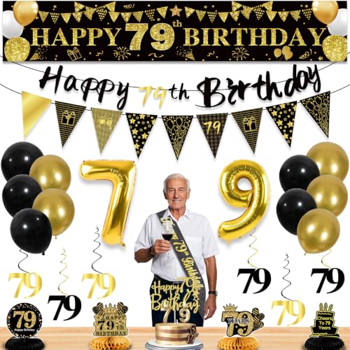 Image of 79th Birthday Decorations for Men, Black Gold 79th Party Decoration Kits