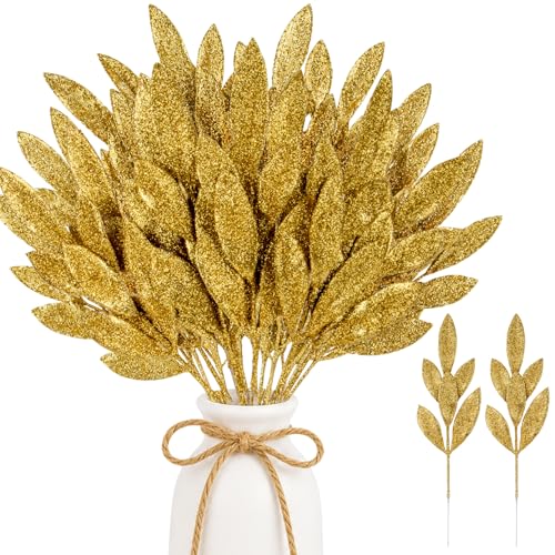 RAINFLOW 30PCS Gold Glitter Artificial Leaf Spray...