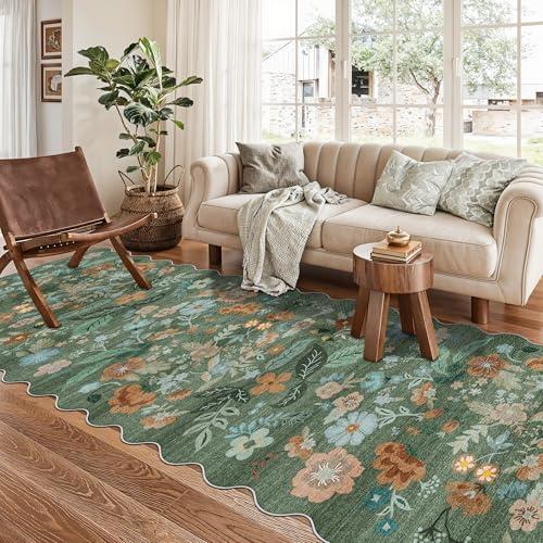 Washable 3x10 Hallway Runner Rug: Floral Scalloped Soft Runners for Entryway Kitchen Nursery Non Slip Bathroom Floor Mat Water Resistant Light Weight Carpet for Living Room Bedroom (3x10 Floral/Green)