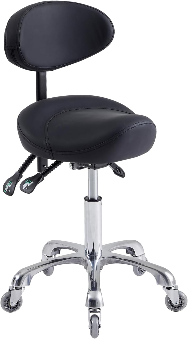 Saddle Stool Chair with Back Support, Ergonomic Stool with Wheels, Super Quiet and Smooth Rolling Stool, Height Adjustable Saddle Chair for Commercial Office and Home Use, Max Load 400 LBS