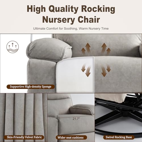 Image of 360 Swivel Glider Rocking Chair Nursery， Oversized Recliner with Phone Holder，Nursing Chairs for Breastfeeding with Wide Foot Rest for Living Room and Baby Room,Beige