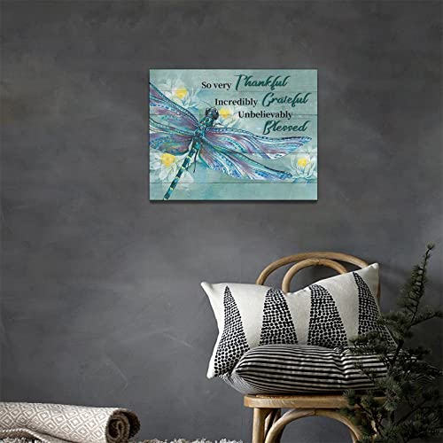 Green Dragonfly Wall Art Dragonfly Lotus Flower Canvas Painting Prints Farmhouse Bathroom Pictures For Wall Thankful Grateful Blessed Modern Artwork Decor For Bathroom Bedroom Living Room 16"X12" #TOP3