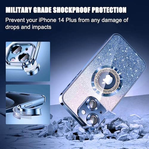 Image of Misscase for iPhone 14 Plus Magnetic Case Compatible with MagSafe,Full Protection Slim Shockproof Anti-Scratch Glitter Case with Camera Lens Protector Logo View Dust-Proof Net for Women Blue