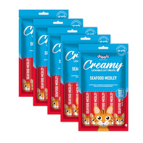 Drools Creamy Lickable Cat Treat Seafood Medely (Pack of 5 Pouches, 375g), All Life Stages (B0CV513V28) Amazon Price History, Amazon Price Tracker