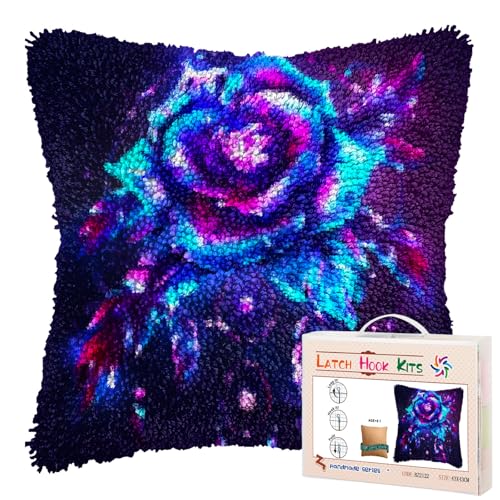 Luminescence Rose DIY Latch Hook Pillow Kits for Adults Printed Pillowcase Crochet Yarns Hooking Handmade Pillow Cover Cushion for Home Sofa Decoration 17x17inch(1)
