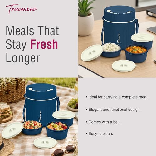 Image of Trueware SNAKK 2 Insulated Hot Lunch Box with 3 PP Container, 2 Container 300 ML Each & 1 Container 200 ML, Food Grade, BPA Free | Office Lunch Box | Tiffin Box