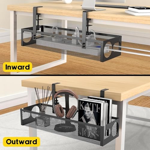 Image of Under Desk Cable Management Tray with Clamp, No Drill Metal Mesh Cable Organizer Rack for Desk Wire Storage, Computer Cord Holder Basket for Office Home Workspace Setup