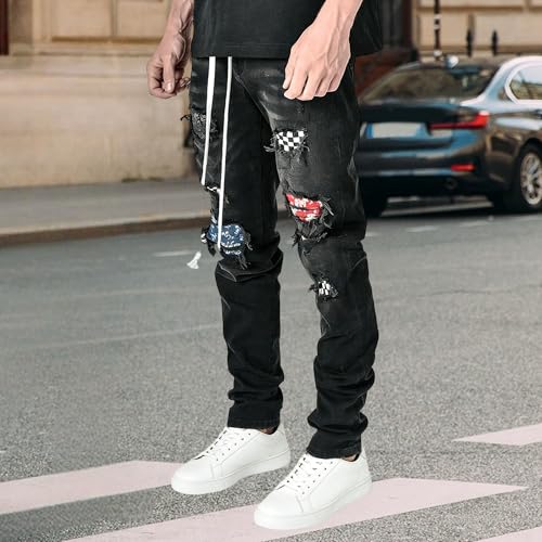 Jeans déchirés homme en denim usé premium avec patchwork robuste