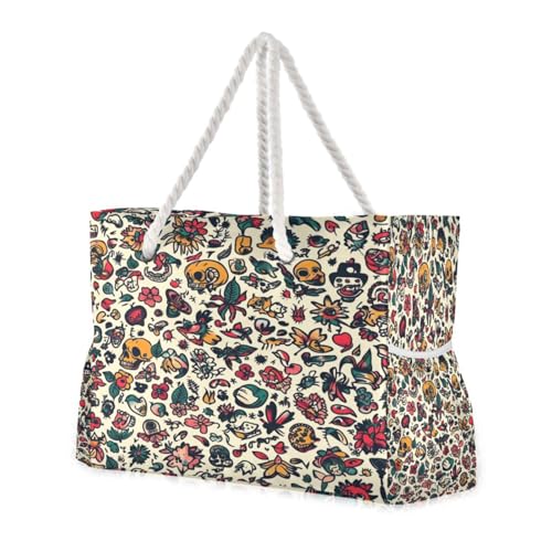 Retro Tattoo Beach Bag & Travel Tote Bag Large Sandproof with Zipper Closure, Wet Pouch for Swim Gym Travel, Lightweight Foldable Outdoor Bag