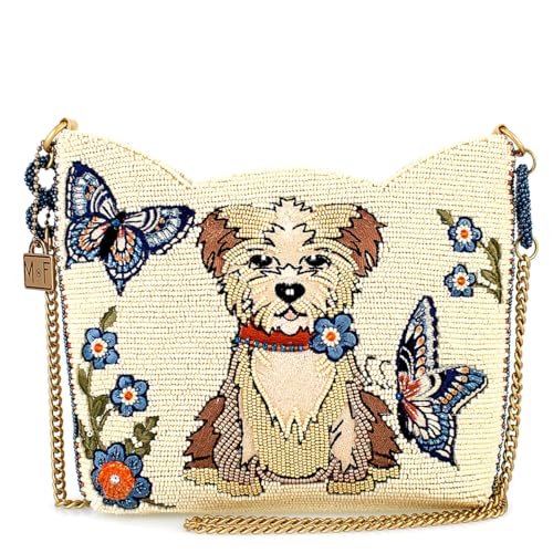 Mary Frances Shaggy Chic Beaded Crossbody Handbag with Playful Dog and Butterfly Motif Pet Lover Evening Clutch Bag, Ivory