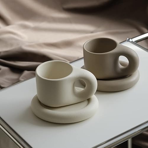 Vista 20 de WENSHUO Chubby - Taza de café divertida, taza y platillo lindo, crema mate, 9 onzas (crema mate)