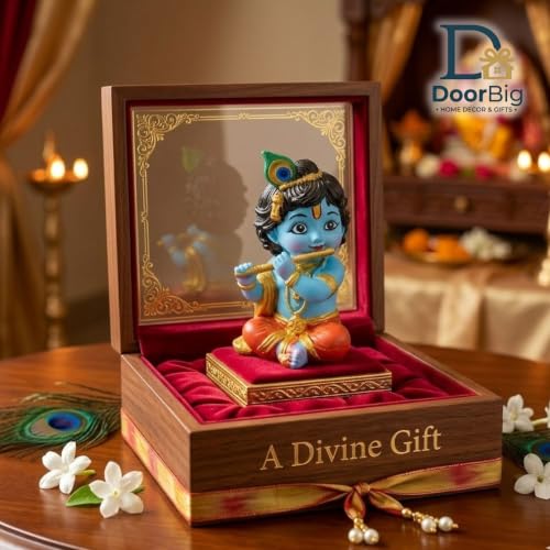 Image of Little Krishna Idol for Car Dashboard | Bal Gopal Laddu Gopal Murti | Cute Baby Krishna Statue for Home Temple, Office Desk & Pooja Room Decor | Resin Showpiece | Janmashtami Gift