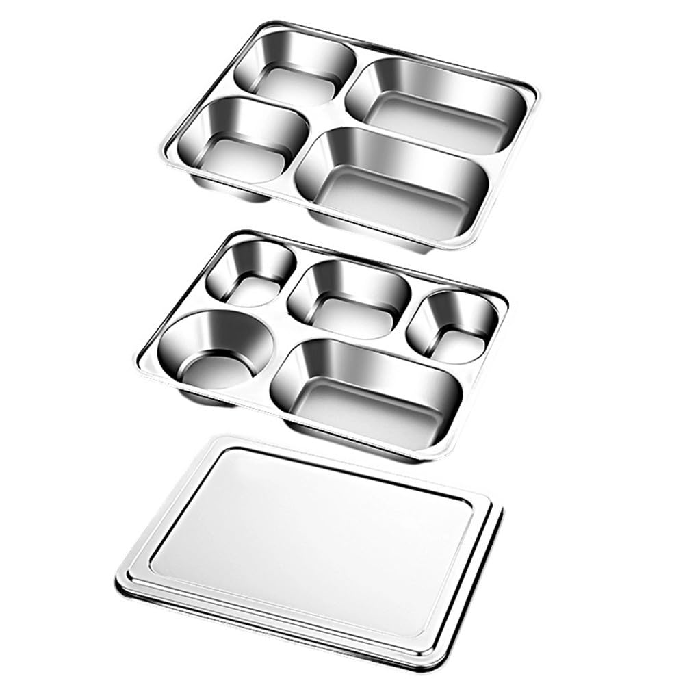 Assiettes divisées en acier inoxydable avec couvercle, plateau à dîner à 5 compartiments pour adultes, récipient alimentaire empilable pour la maison, le camping, le pique-nique, passe au