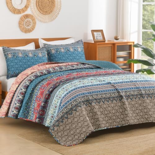Image of Andency Brown Green Quilts Queen Size, 3 Pcs Boho Striped Bedspread | Soft Lightweight Brown Green Printed Bohemian Polyester Reversible Coverlet Comforter Sets for All Season (90 inchx96 inch)