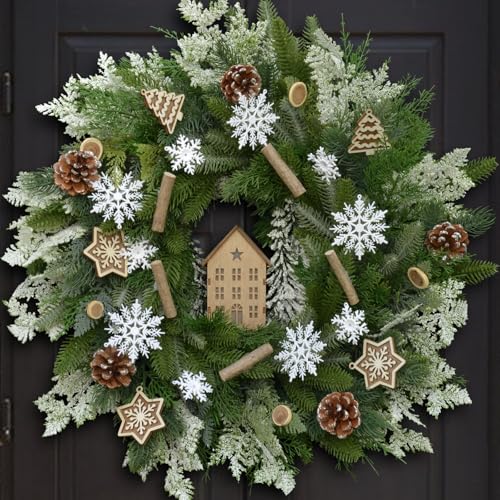 24' Winter Wreath with Wooden House Ornaments,...