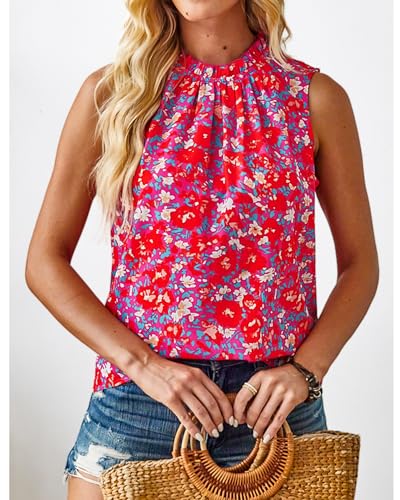 SimpleFun Womens Tank Tops Ruffle High Neck Pleated Summer Blouses Floral Sleeveless Shirt2