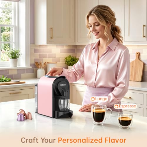 Image of CHULUX Bafe-Pro Compact Espresso Machine 20 Bar for Nes Original Pods, Pink | 1400W Rapid Heating, Espresso Lungo Buttons, Used Capsule Drawer, Auto-Eject System, 24oz Removable Reservoir, Mini Footprint