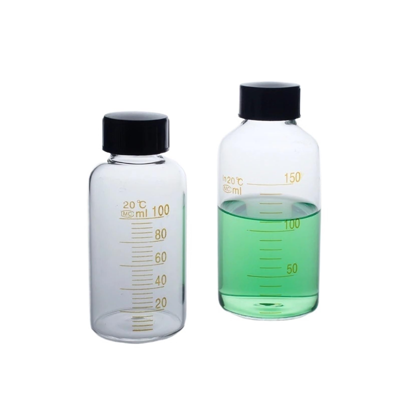 Botellas de vidrio transparentes, Frasco de reactivo de vidrio de borosilicato redondo graduado de 5 ml a 1000 ml, viales de muestra de color marrón transparente(150ml 2pcs)