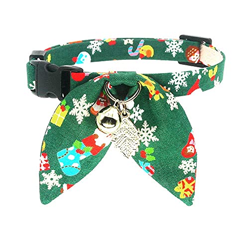 PetSoKoo Christmas Cat Collar with Bunny Ears Bow, Holiday Bowtie, Safety Breakaway Buckle, Cute Kitten Collars for Girl Boy Male Female Cats,Green